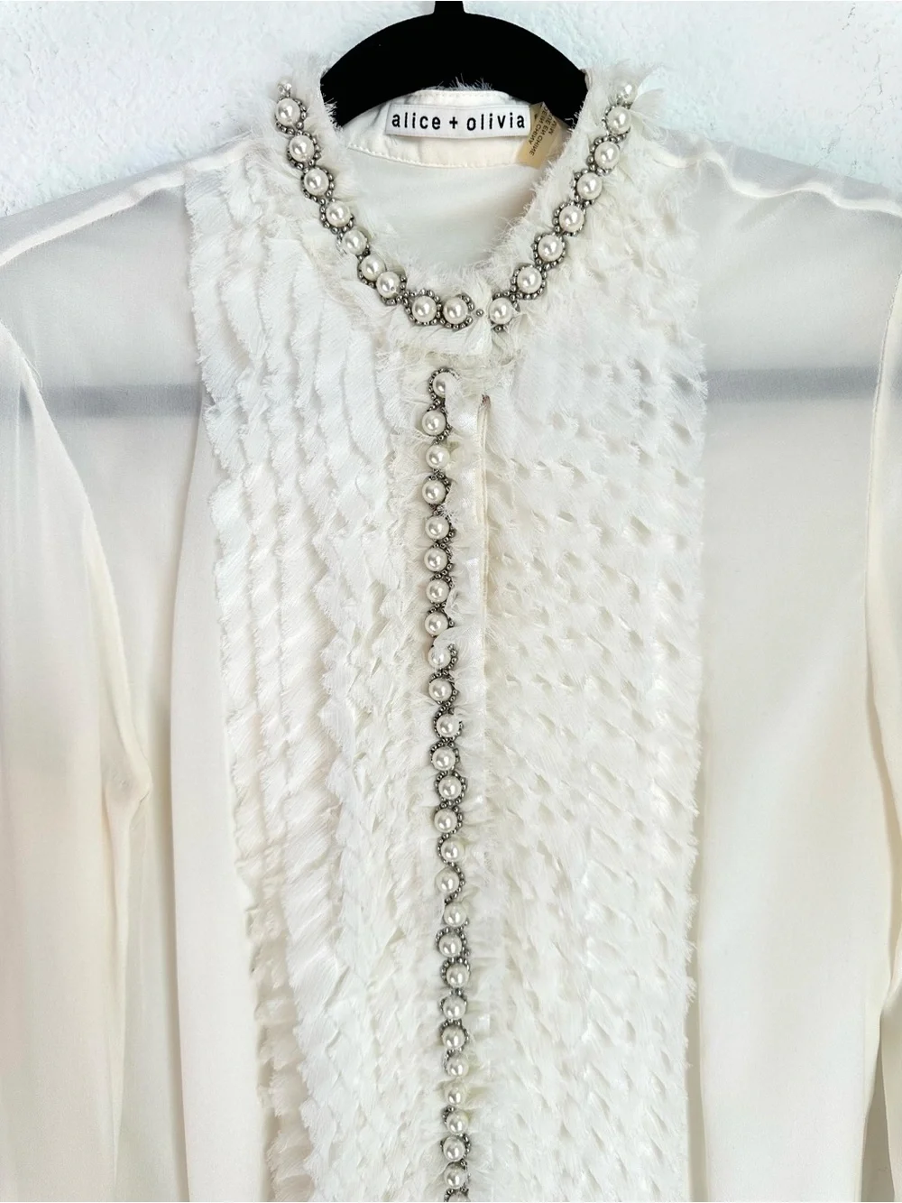 Alice and Olivia Arminda Ruffled Pearl Blouse pearl embellishments Medium Silk - Picture 8 of 17